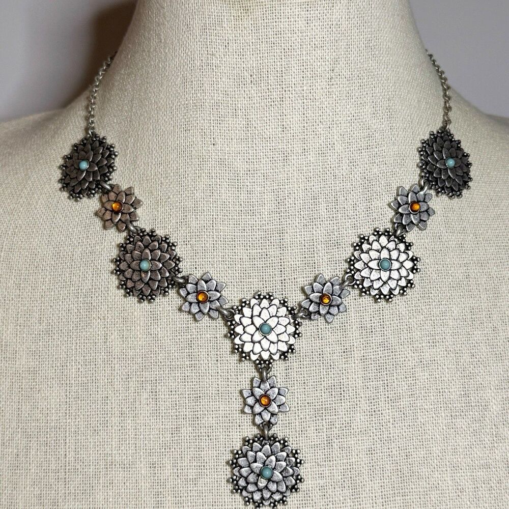 Silver Floral Drop Necklace with Turquoise and Amber Accents